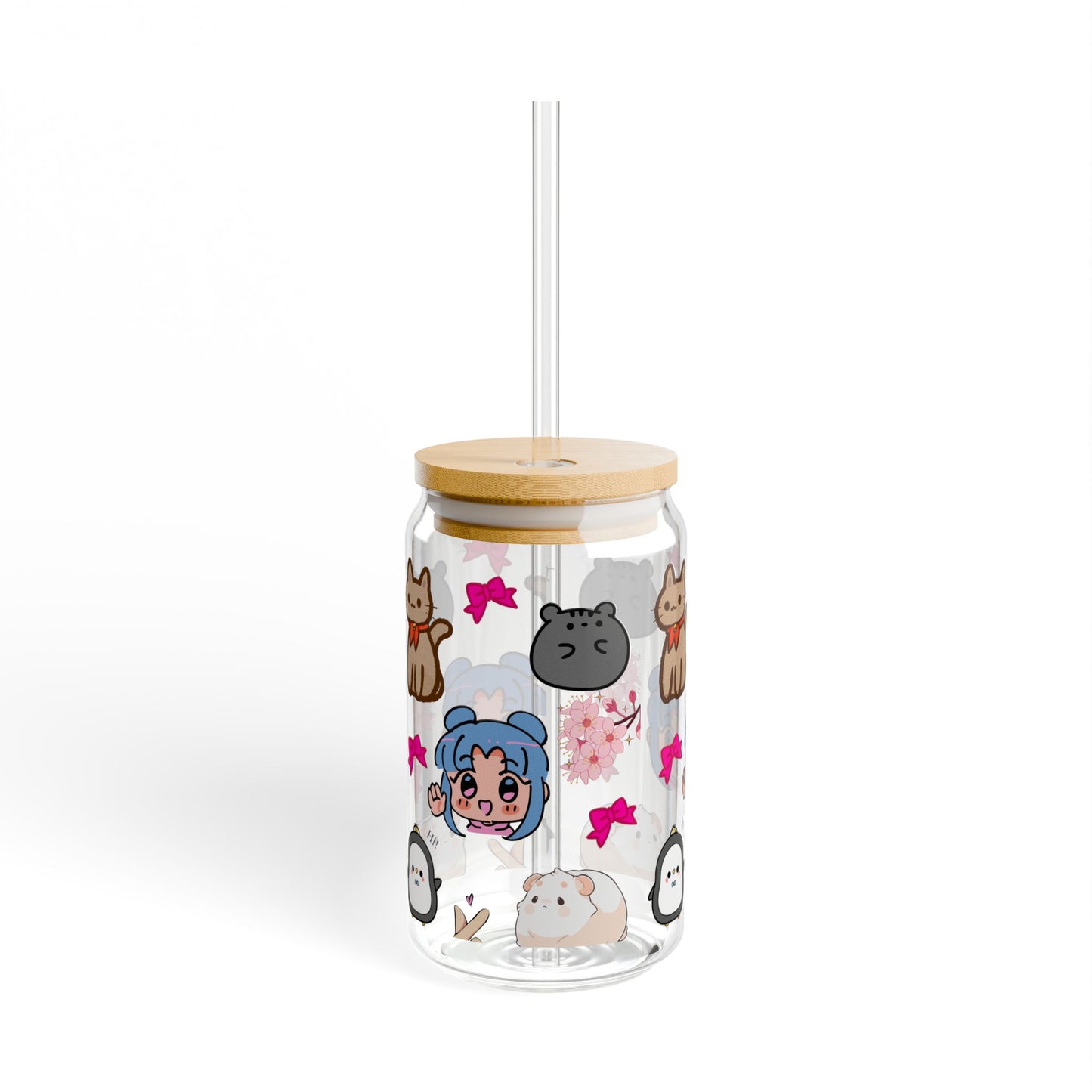 Cute Character Sipper Glass - 16oz with Straw and Wooden Lid | Anime lover