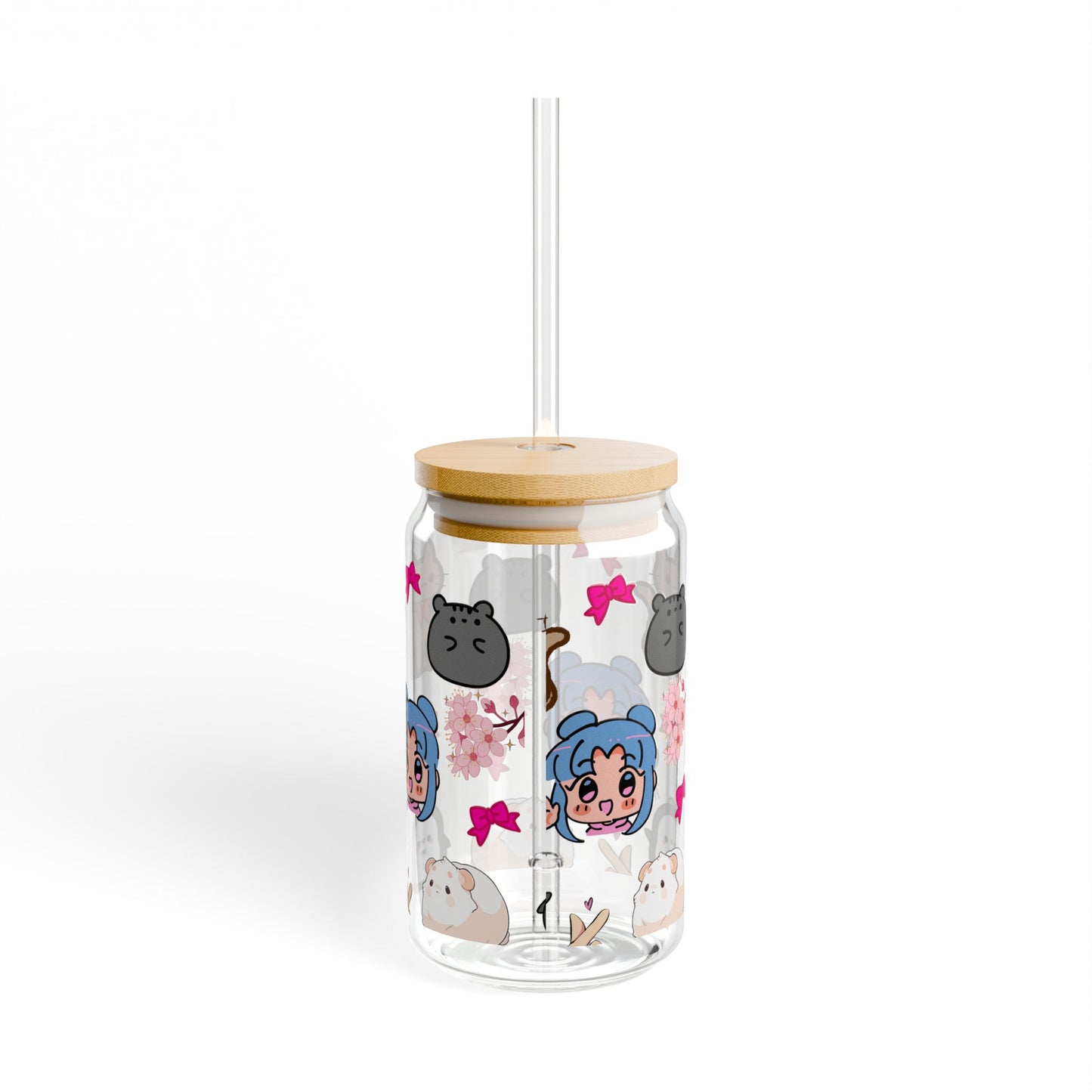 Cute Character Sipper Glass - 16oz with Straw and Wooden Lid | Anime lover
