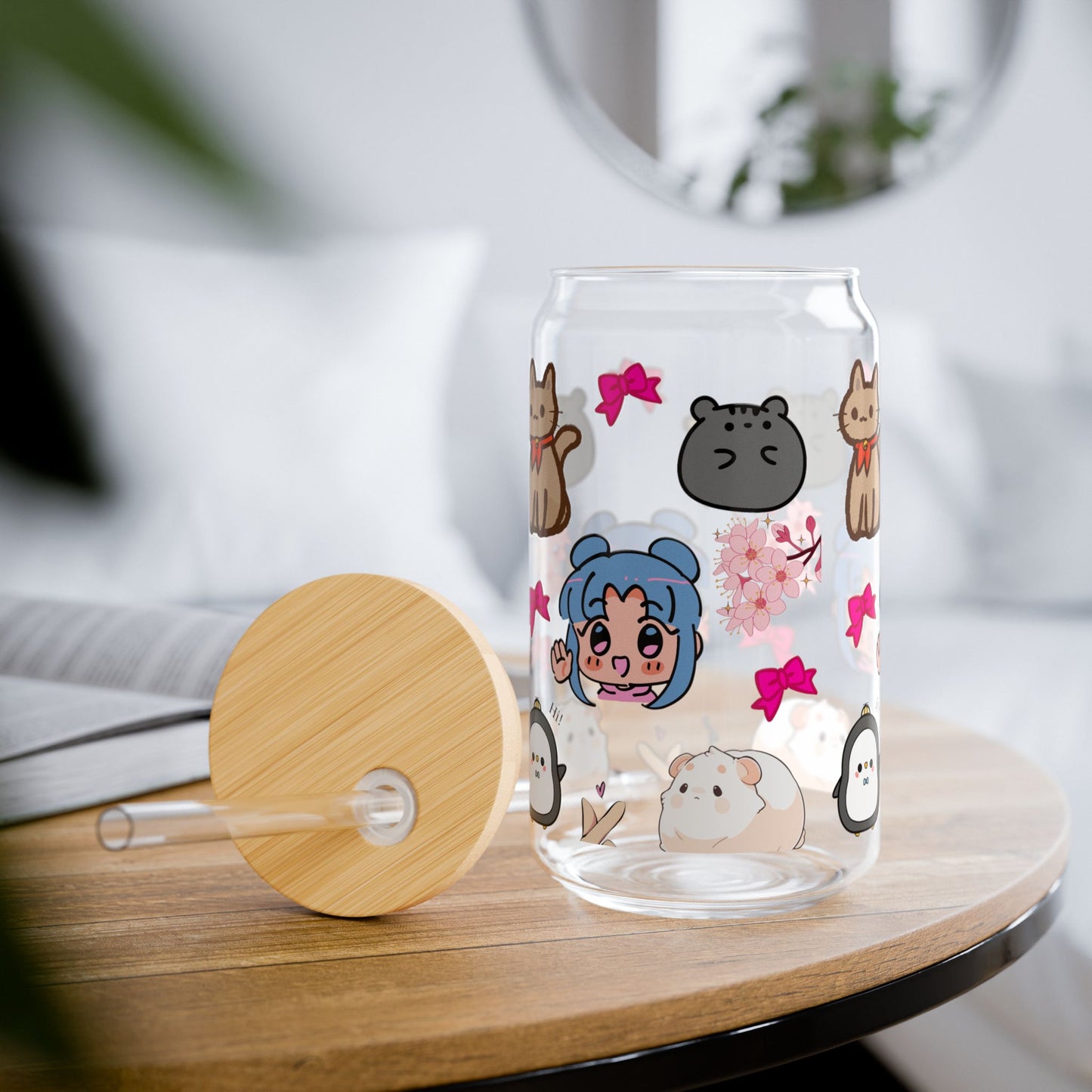 Cute Character Sipper Glass - 16oz with Straw and Wooden Lid | Anime lover