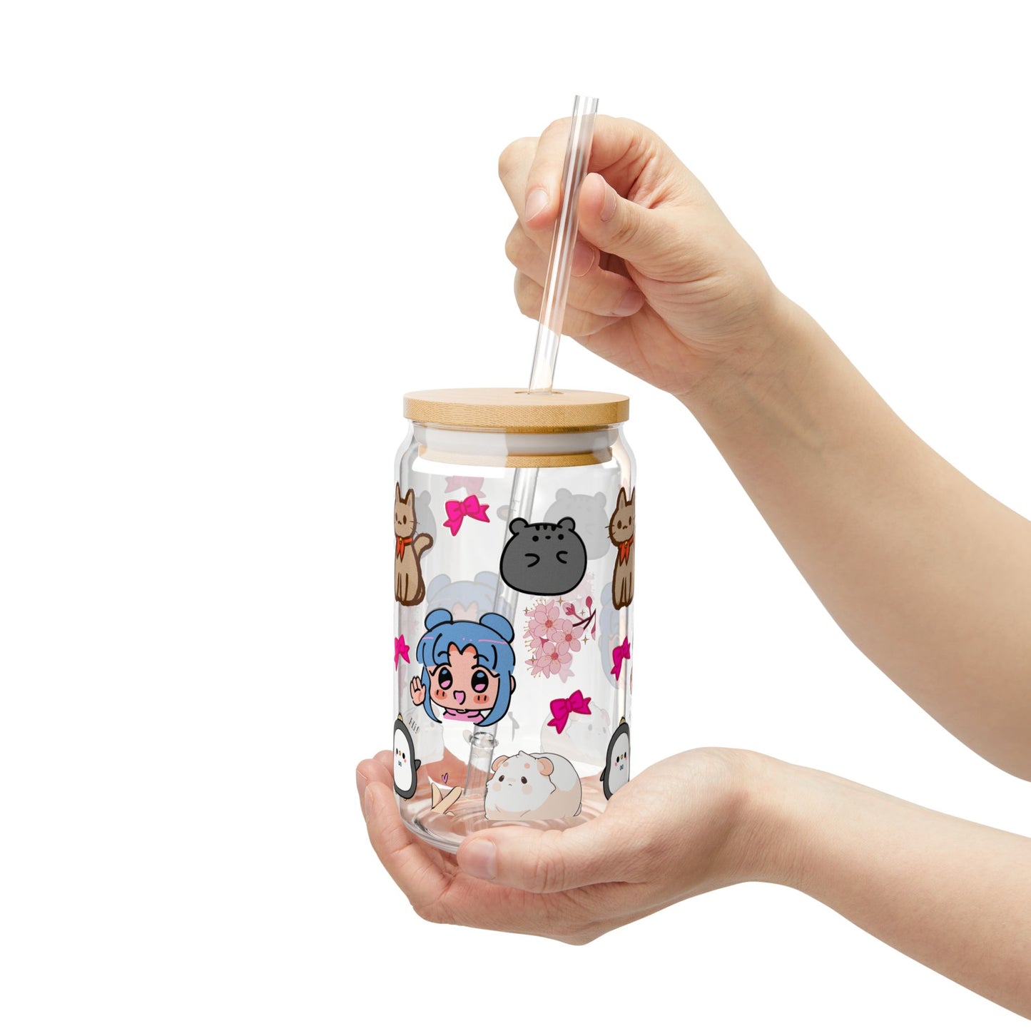 Cute Character Sipper Glass - 16oz with Straw and Wooden Lid | Anime lover