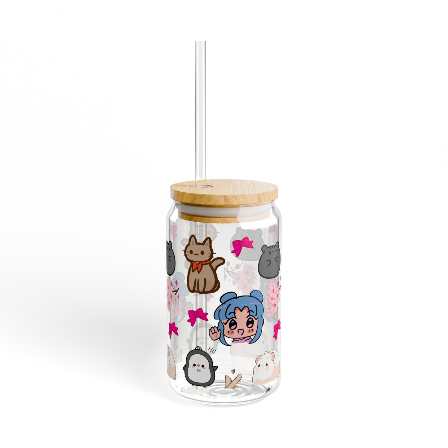 Cute Character Sipper Glass - 16oz with Straw and Wooden Lid | Anime lover