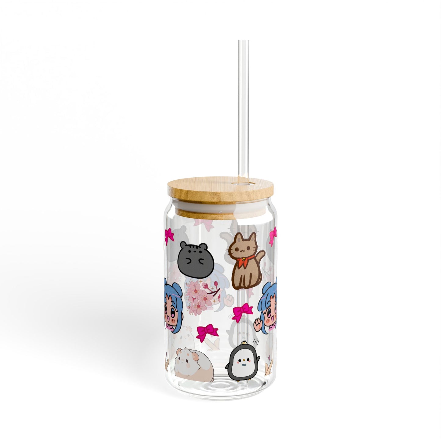 Cute Character Sipper Glass - 16oz with Straw and Wooden Lid | Anime lover