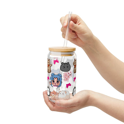 Cute Character Sipper Glass - 16oz with Straw and Wooden Lid | Anime lover