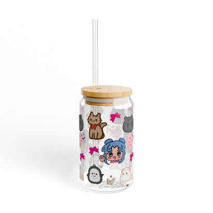 Cute Character Sipper Glass - 16oz with Straw and Wooden Lid | Anime lover