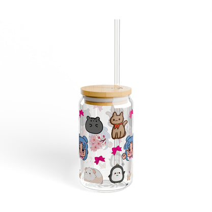 Cute Character Sipper Glass - 16oz with Straw and Wooden Lid | Anime lover